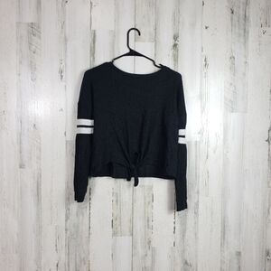 Pink rose front tie black white stripe top S